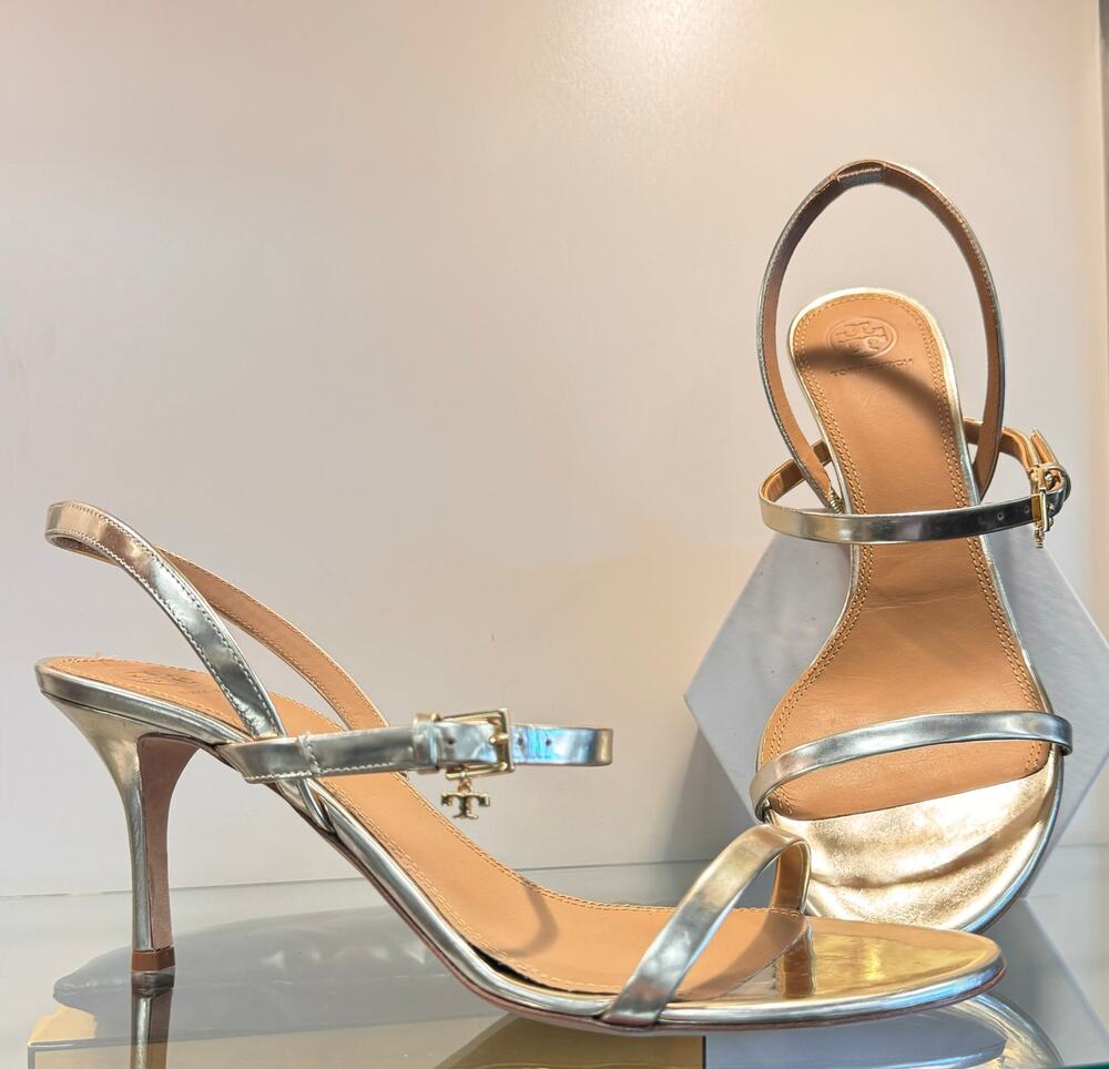 TORY BURCH Gold Penelope Slingback Leather Buckle Charm Heels NEW Sz. 10